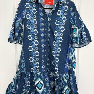 La DoubleJ Blue Patterned Ruffle Sleeve Dress